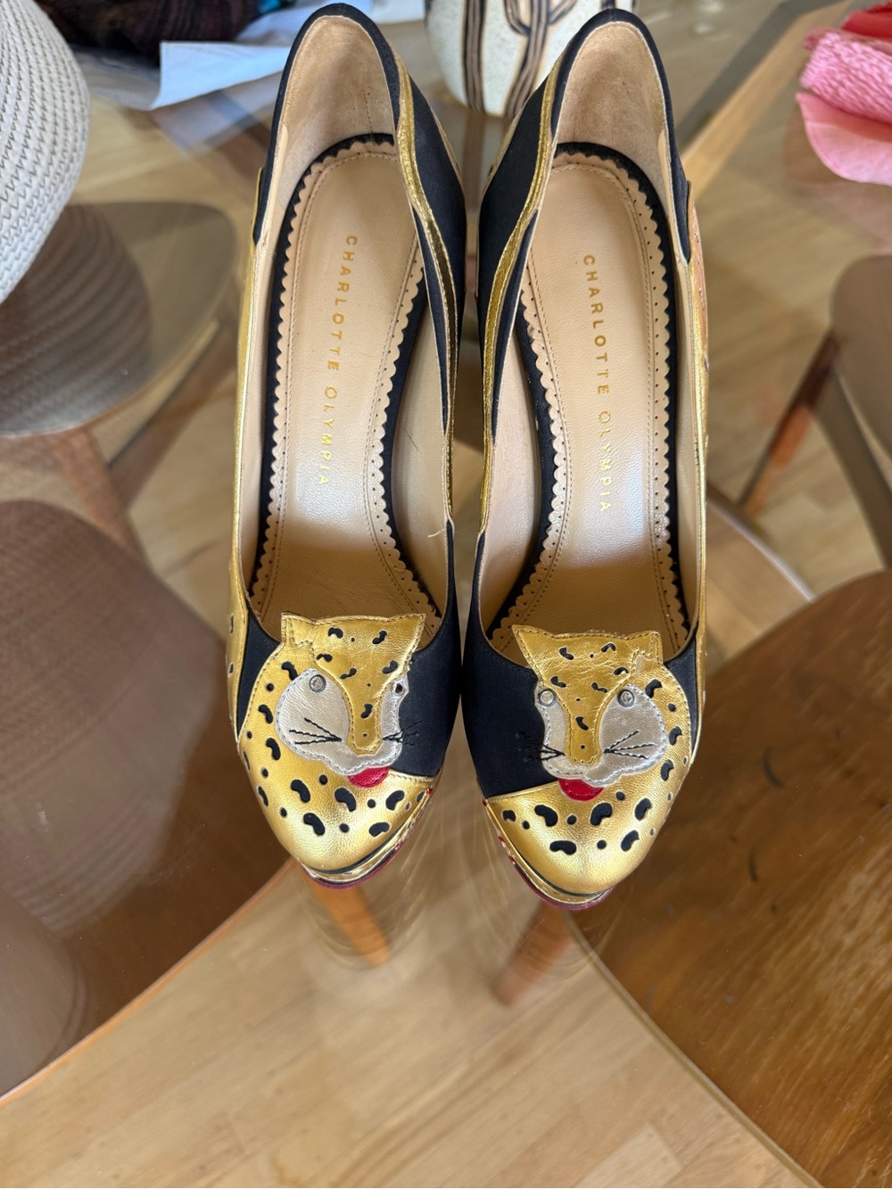 Charlotte Olympia Gold and Black Leopard-Embellished Pumps